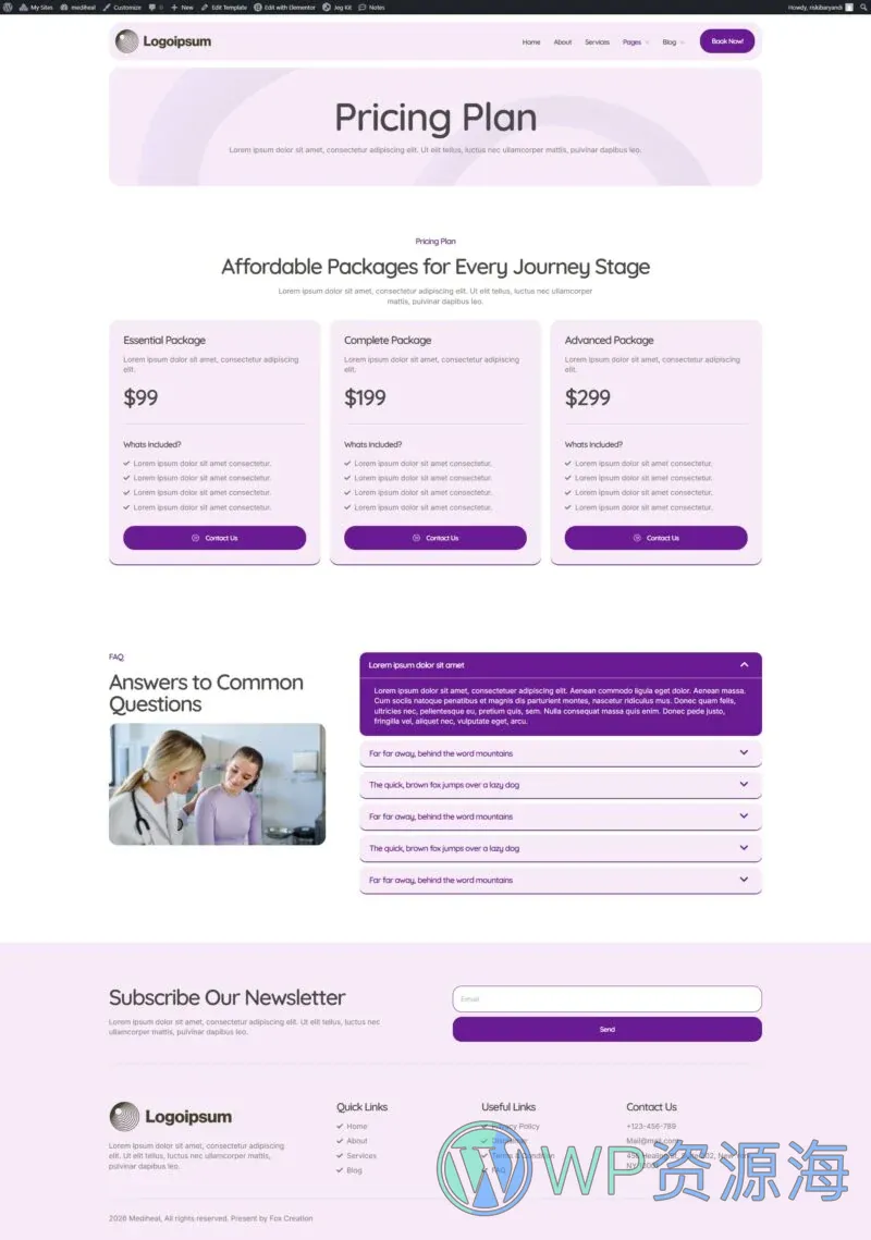 健康/医药 Elementor 模板价格页面预览