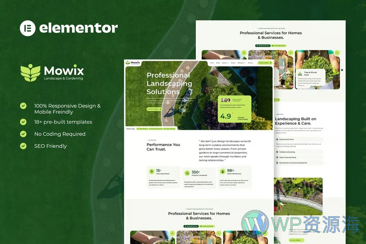 园林绿化Elementor网站模板_一键导入快速建站插图-WP资源海 💐花卉/绿植 Elementor 网站模板封面