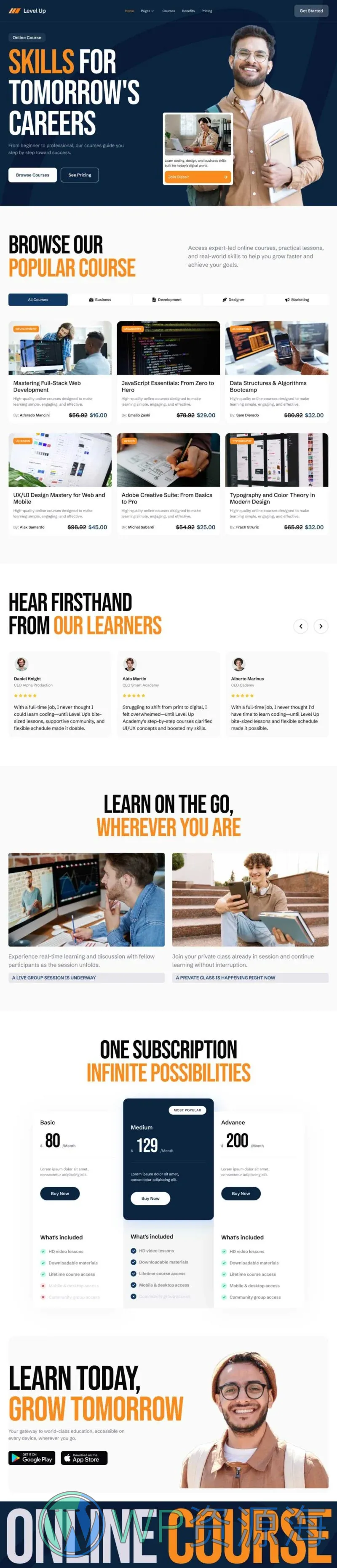 在线课程教育Elementor网站模板_一键导入快速建站插图1-WP资源海 教育/培训 Elementor 模板首页预览