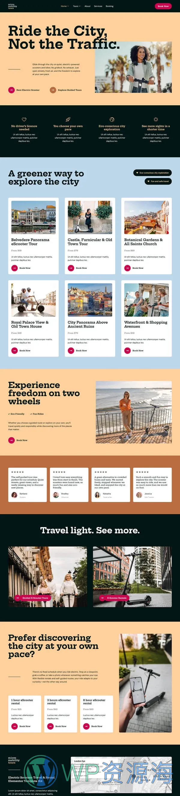 电动滑板车旅行租赁Elementor网站模板_一键导入快速建站插图2-WP资源海 户外/旅行 Elementor 模板首页预览
