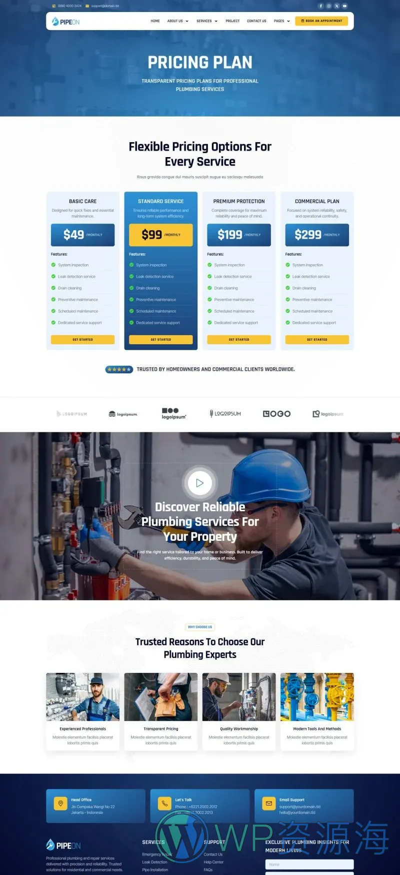 管道维修服务Elementor网站模板_一键导入快速建站插图7-WP资源海 维修 Elementor 模板价格页面预览
