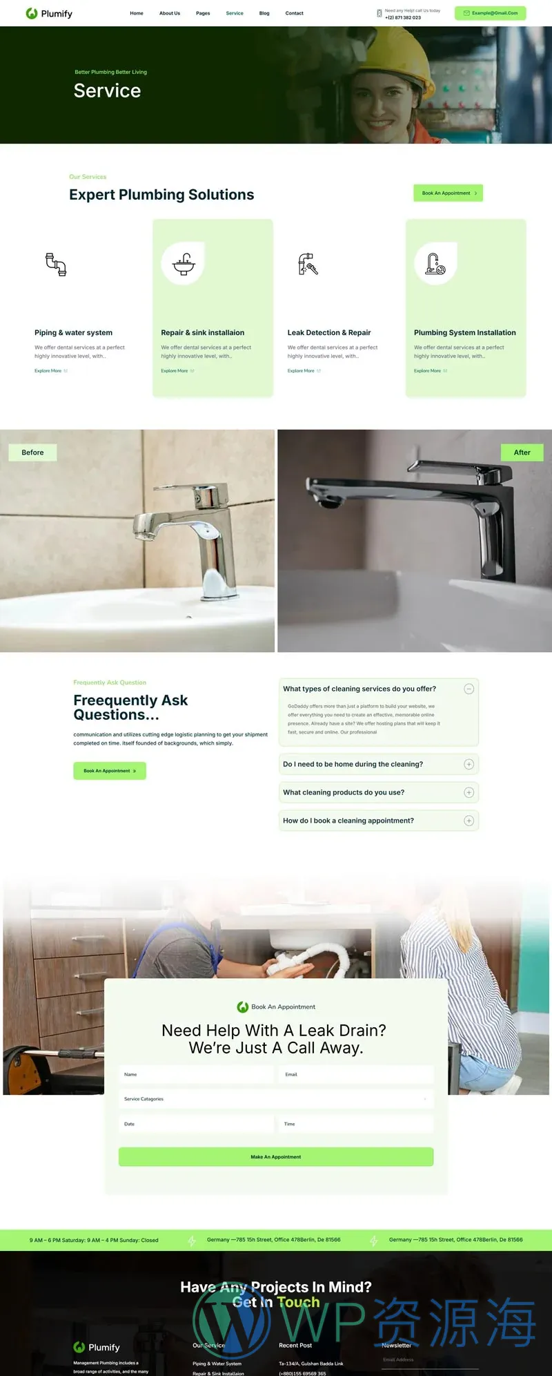 管道维修服务Elementor网站模板_一键导入快速建站插图3-WP资源海 维修 Elementor 模板服务页面预览