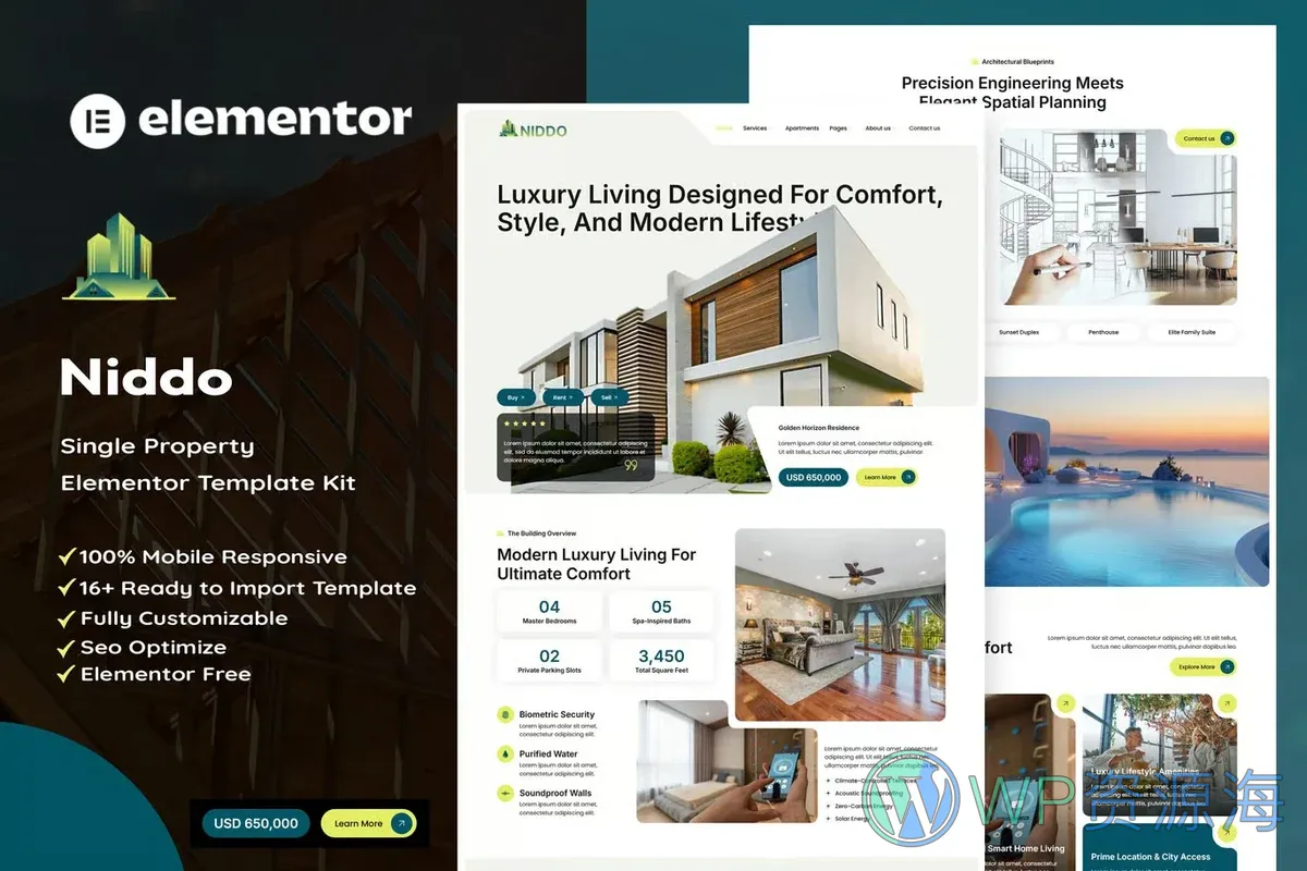 单体房产展示Elementor网站模板_一键导入快速建站插图-WP资源海 建筑/地产 Elementor 网站模板封面