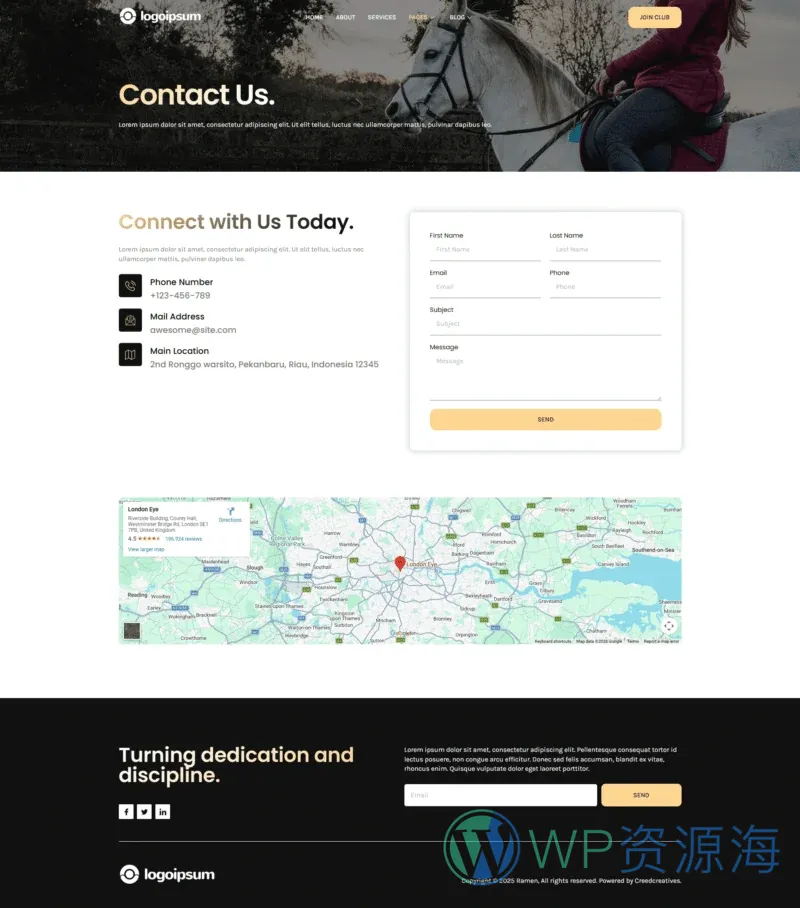 马术俱乐部Elementor网站模板_一键导入快速建站插图2-WP资源海 运动/健身 Elementor 模板联系页面预览