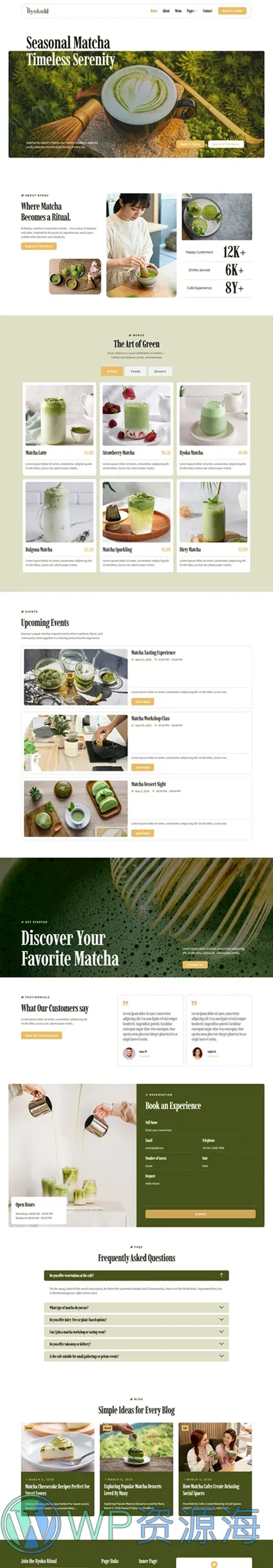 抹茶咖啡馆Elementor网站模板_一键导入快速建站插图1-WP资源海 餐饮/食品 Elementor 模板首页预览
