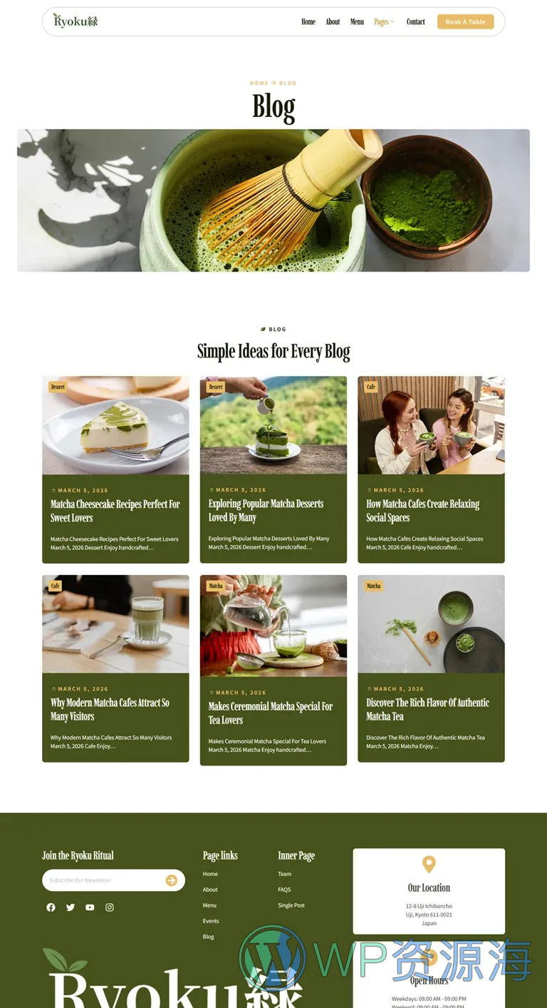 抹茶咖啡馆Elementor网站模板_一键导入快速建站插图5-WP资源海 餐饮/食品 Elementor 模板博客页面预览