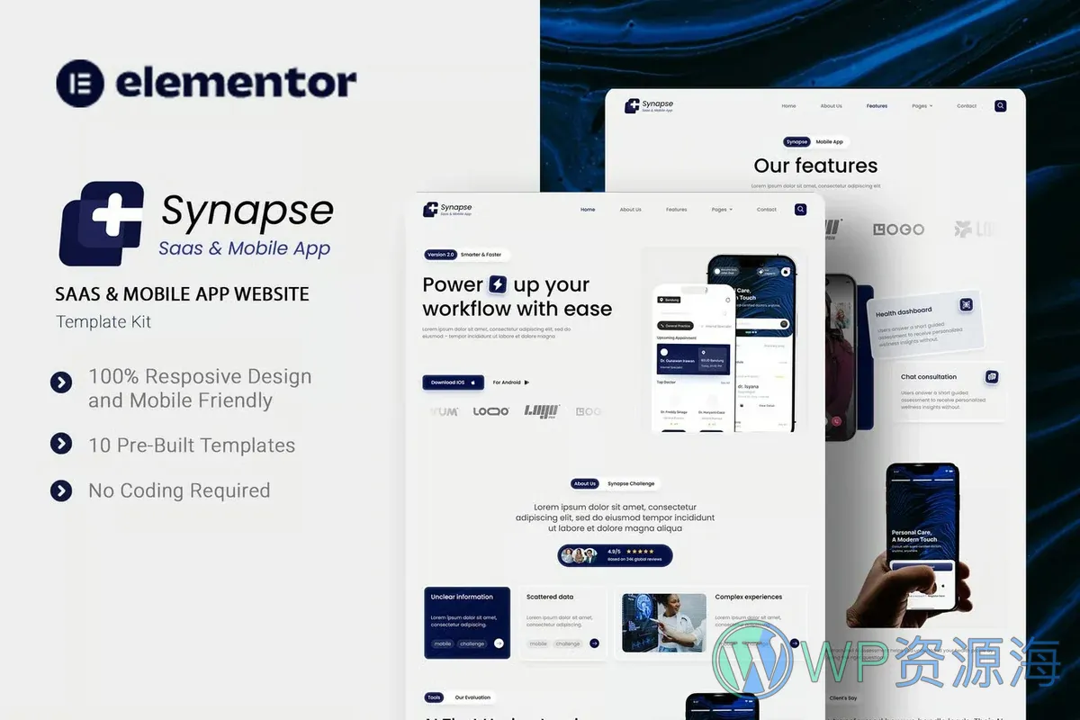 SaaS移动应用Elementor网站模板_一键导入快速建站插图-WP资源海 软件/开发 Elementor 网站模板封面