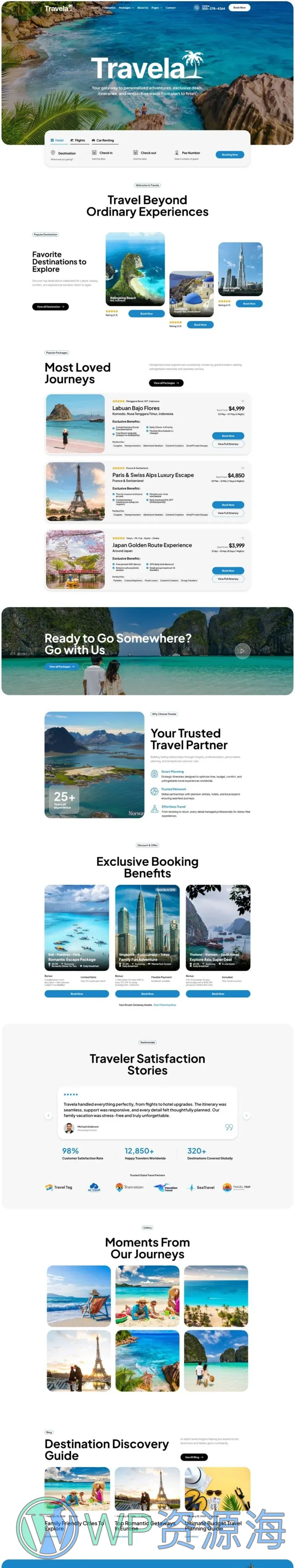 旅行社与行程产品Elementor网站模板_一键导入快速建站插图1-WP资源海 户外/旅行 Elementor 模板首页预览