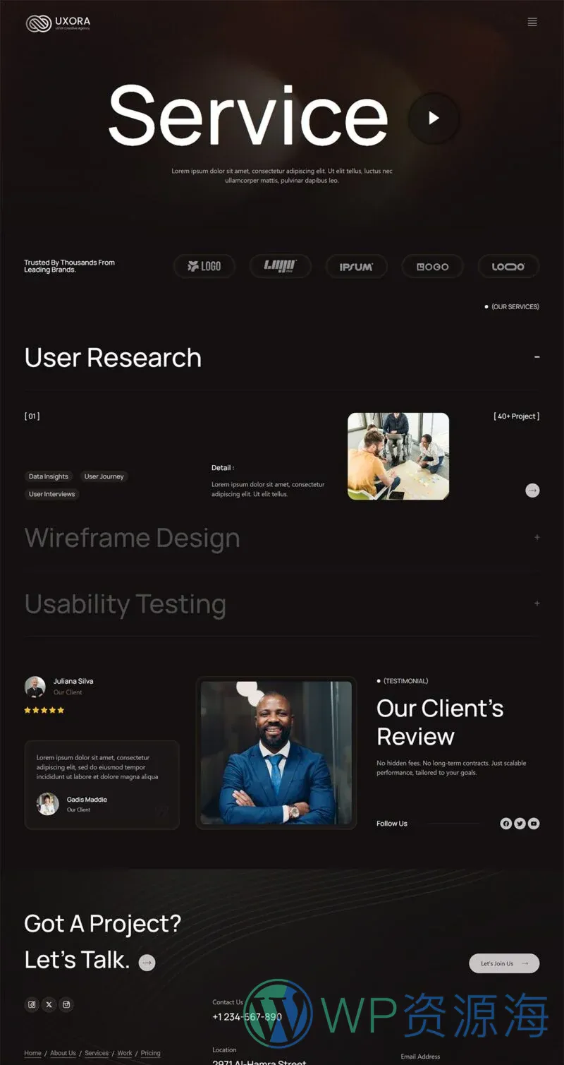 UI/UX创意设计机构Elementor网站模板_一键导入快速建站插图3-WP资源海 艺术/设计 Elementor 模板服务页面预览
