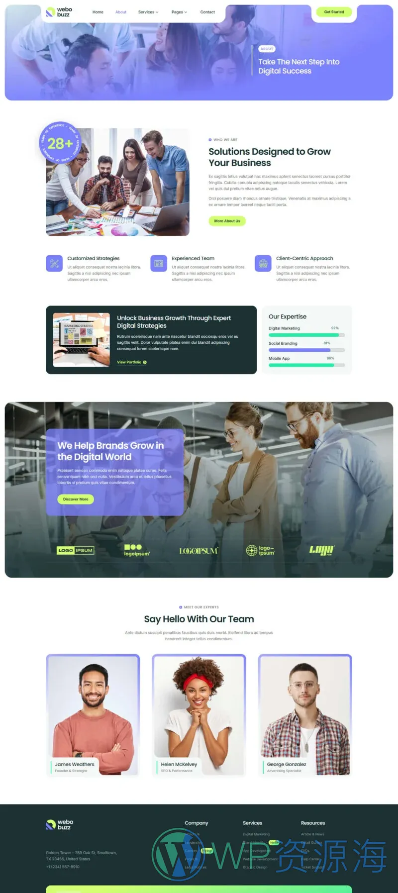 数字营销机构Elementor网站模板_一键导入快速建站插图2-WP资源海 广告/营销 Elementor 模板关于我们预览