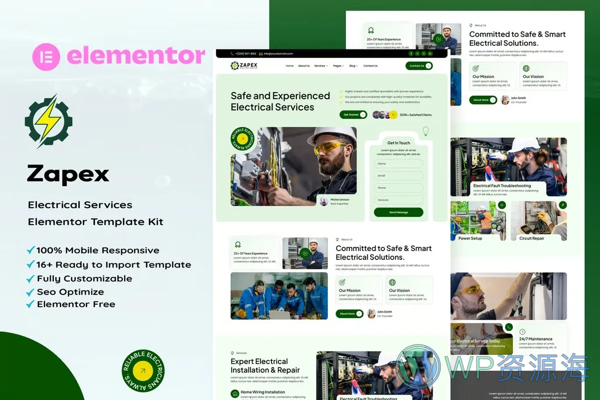 电工维修服务Elementor网站模板_一键导入快速建站插图-WP资源海 维修 Elementor 网站模板封面