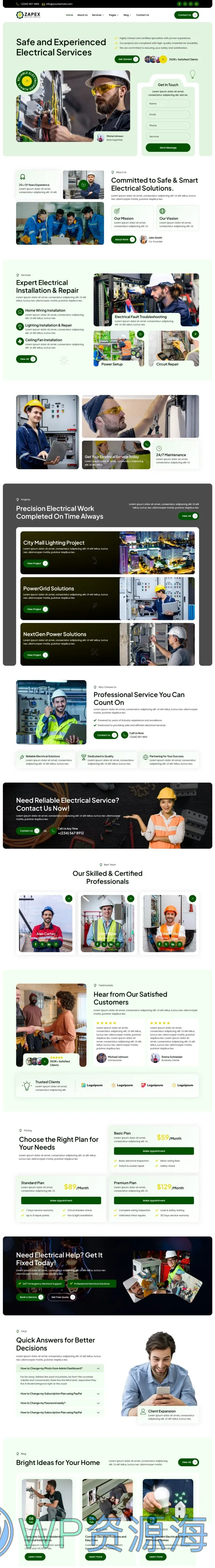 电工维修服务Elementor网站模板_一键导入快速建站插图1-WP资源海 维修 Elementor 模板首页预览