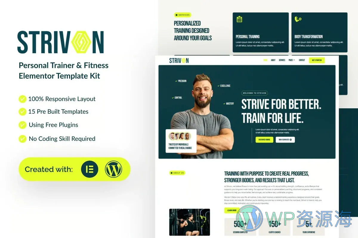 私人教练健身Elementor网站模板_一键导入快速建站插图-WP资源海 运动/健身 Elementor 网站模板封面