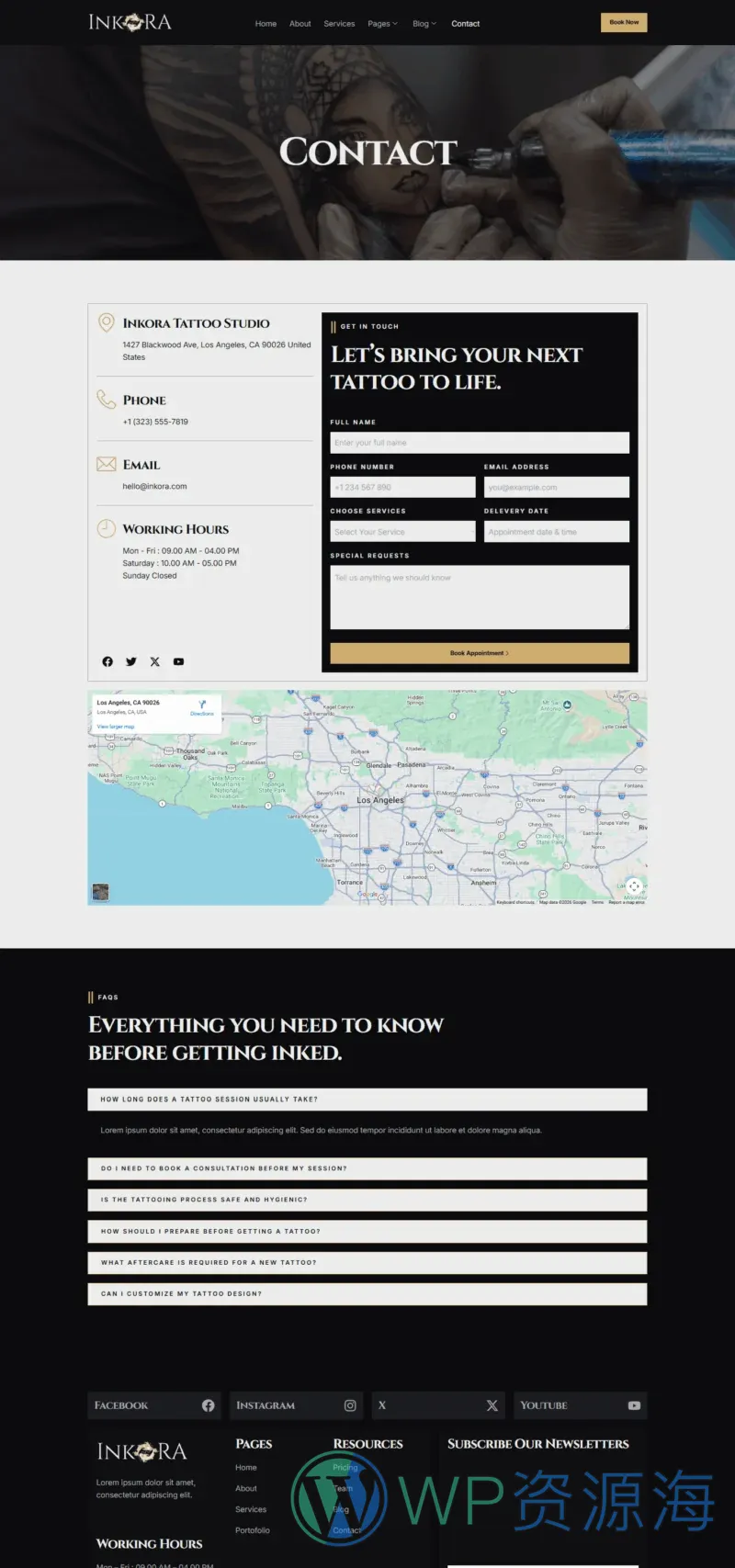 纹身工作室Elementor网站模板_一键导入快速建站插图2-WP资源海 门店 Elementor 模板联系页面预览