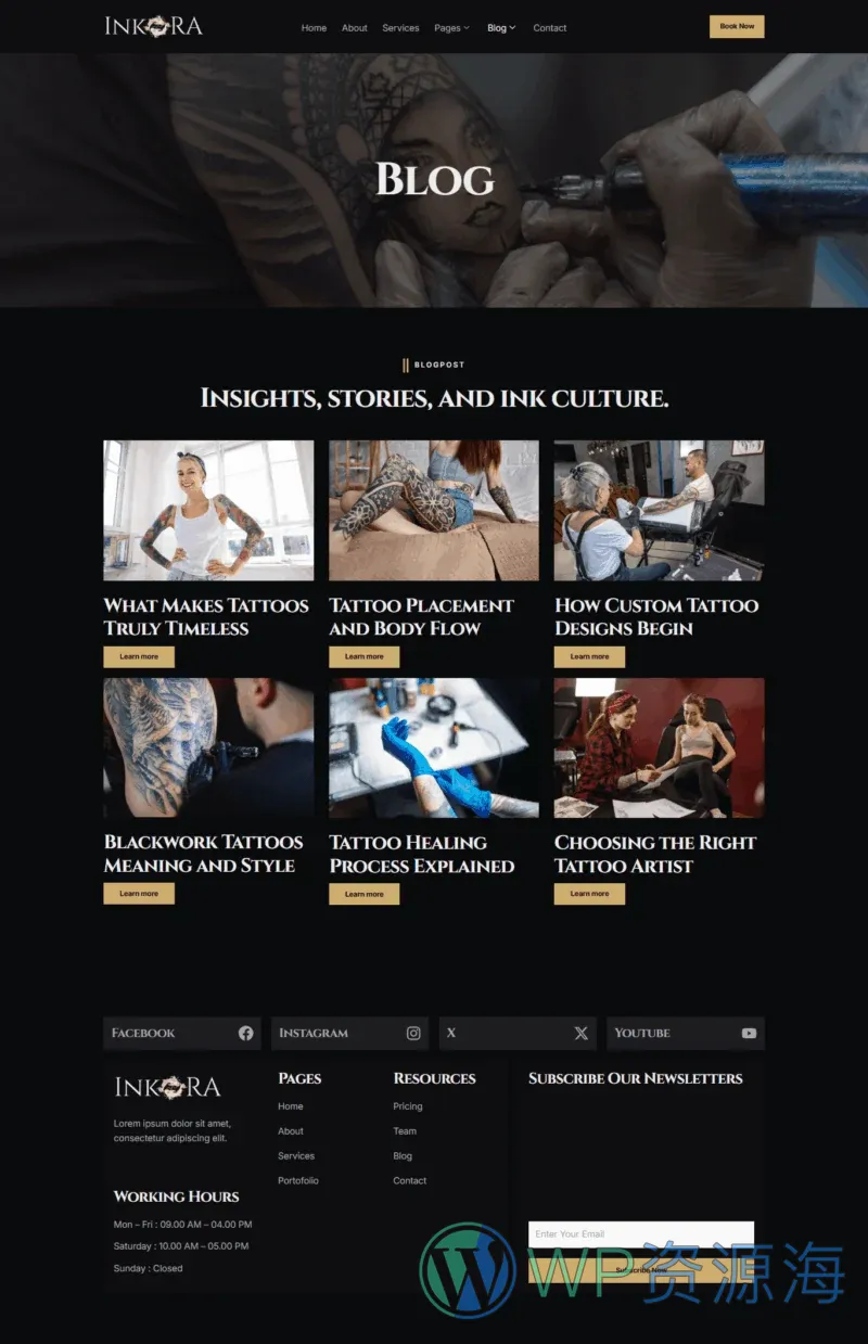 纹身工作室Elementor网站模板_一键导入快速建站插图3-WP资源海 门店 Elementor 模板博客页面预览