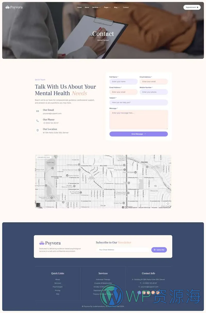 心理咨询与心理健康Elementor网站模板_一键导入快速建站插图4-WP资源海 健康/医药 Elementor 模板联系页面预览