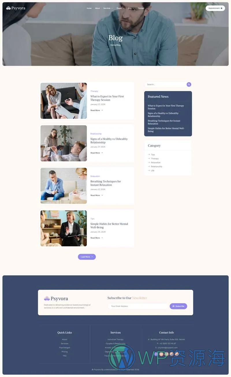 心理咨询与心理健康Elementor网站模板_一键导入快速建站插图7-WP资源海 健康/医药 Elementor 模板博客页面预览