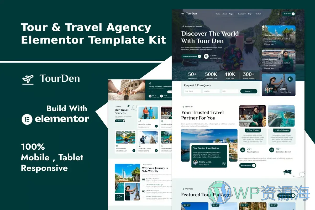 旅行社与旅游线路Elementor网站模板_一键导入快速建站插图-WP资源海 户外/旅行 Elementor 网站模板封面