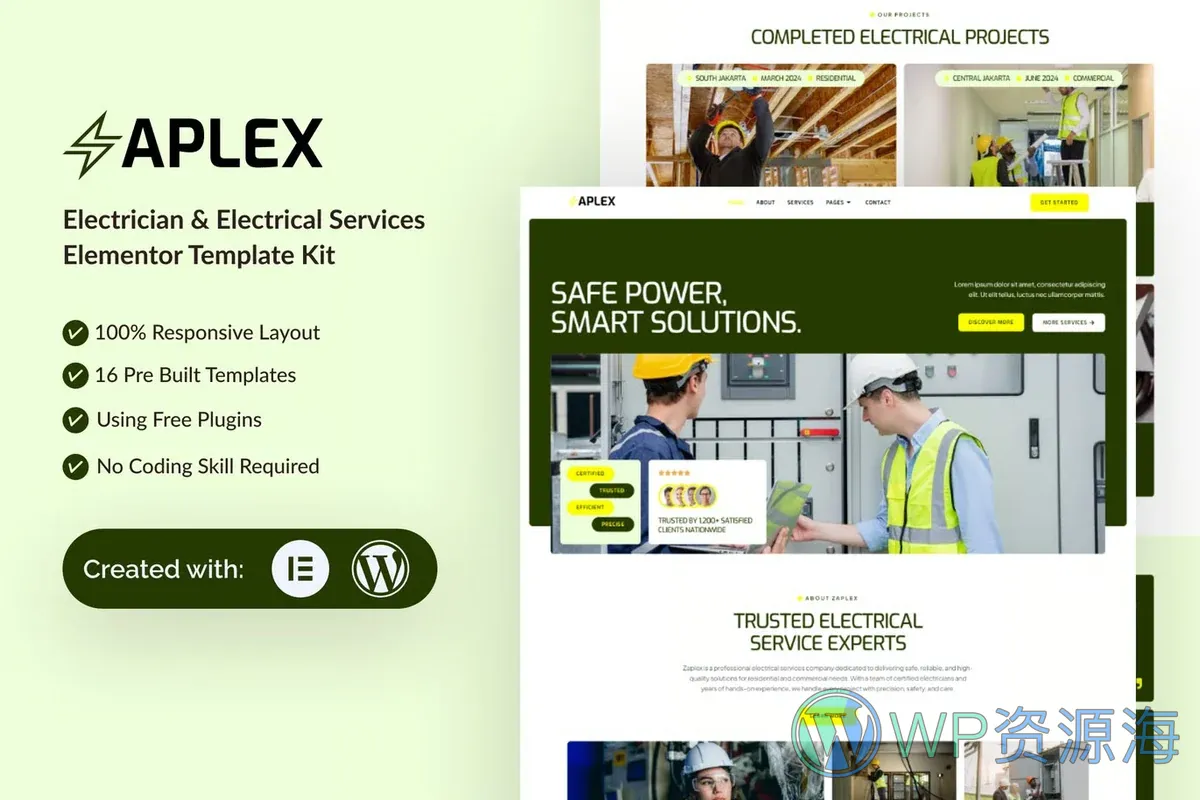 电工电气维修服务Elementor网站模板_一键导入快速建站插图-WP资源海 维修 Elementor 网站模板封面