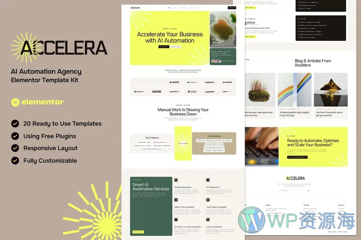 AI自动化机构Elementor网站模板_一键导入快速建站插图-WP资源海 AI Elementor 网站模板封面