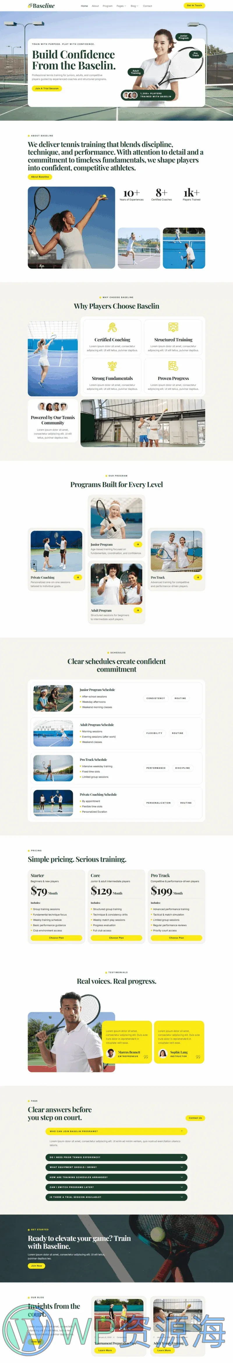 网球学校与运动俱乐部Elementor网站模板_一键导入快速建站插图1-WP资源海 运动/健身 Elementor 模板首页预览