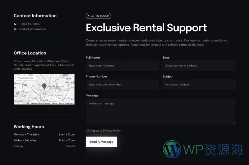 豪华汽车租赁服务Elementor网站模板_一键导入快速建站插图7-WP资源海 交通工具 Elementor 模板联系表单预览