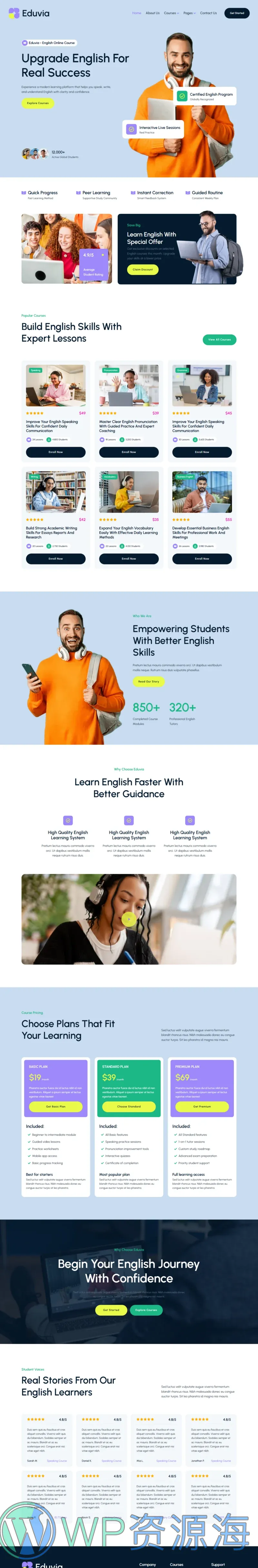英语在线课程Elementor网站模板_一键导入快速建站插图1-WP资源海 教育/培训 Elementor 模板首页预览