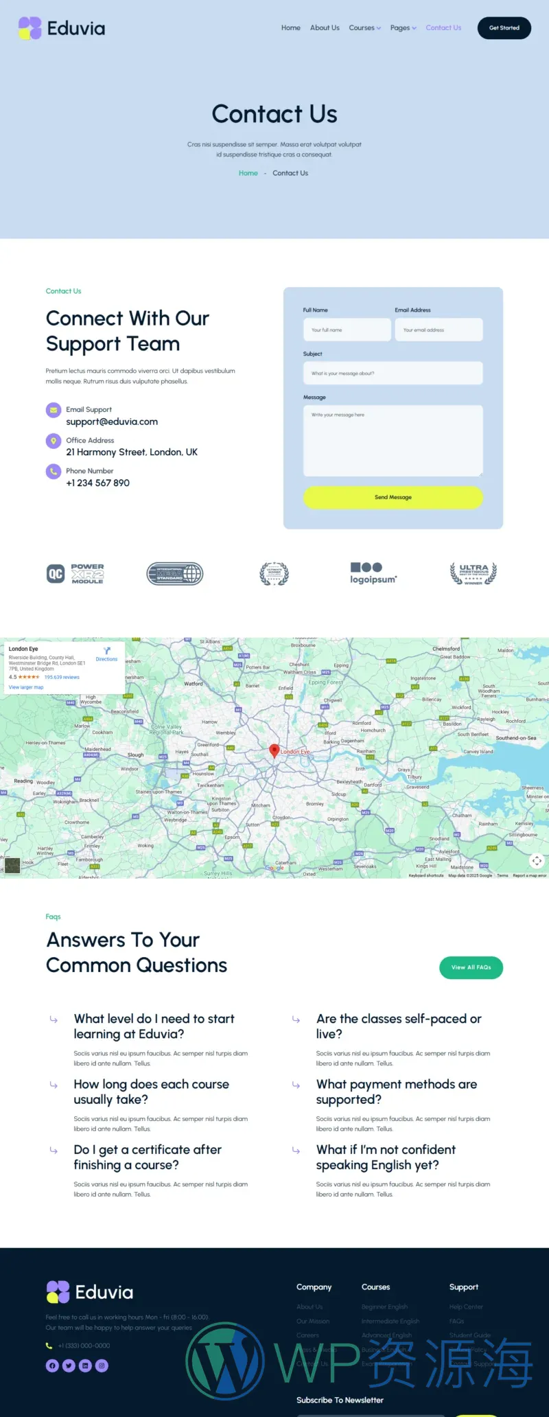 英语在线课程Elementor网站模板_一键导入快速建站插图2-WP资源海 教育/培训 Elementor 模板联系页面预览