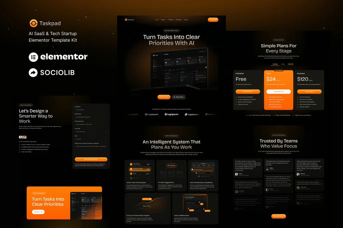 AI SaaS 科技初创Elementor网站模板_一键导入快速建站