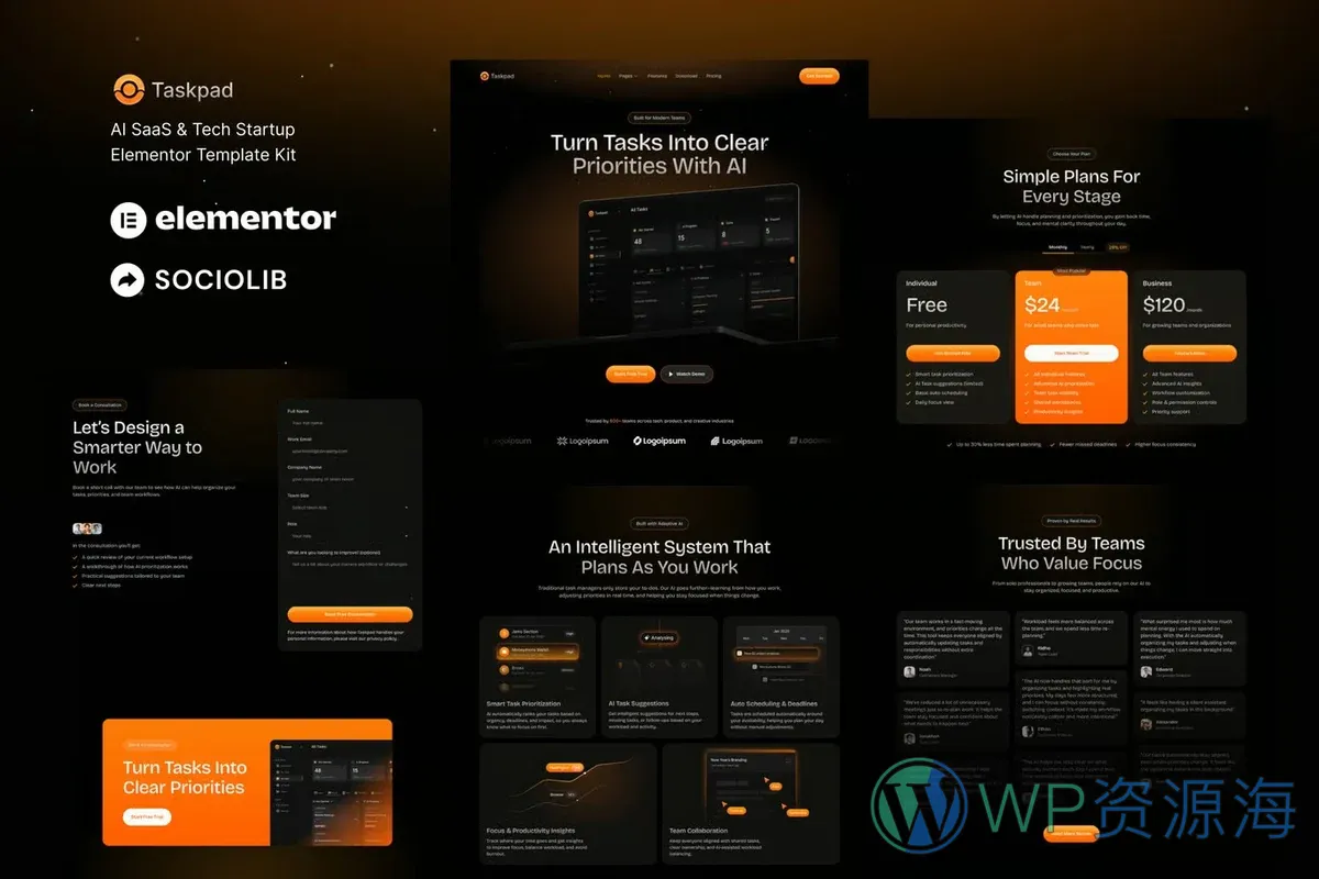 AI SaaS 科技初创Elementor网站模板_一键导入快速建站插图-WP资源海 AI Elementor 网站模板封面