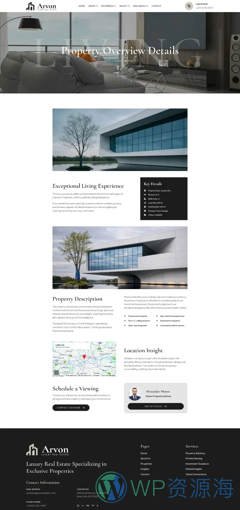高端房产项目展示Elementor网站模板_一键导入快速建站插图4-WP资源海 建筑/地产 Elementor 模板房源详情预览