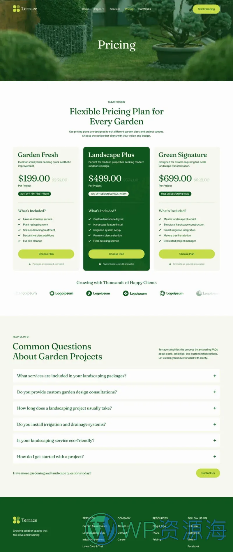 园艺景观服务Elementor网站模板_一键导入快速建站插图3-WP资源海 💐花卉/绿植 Elementor 模板价格页面预览