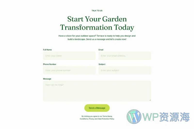 园艺景观服务Elementor网站模板_一键导入快速建站插图7-WP资源海 💐花卉/绿植 Elementor 模板联系表单预览