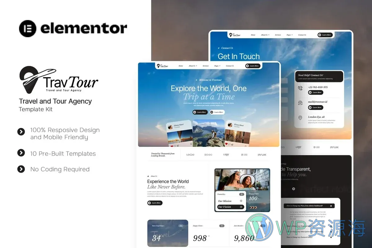 旅行社Elementor网站模板_一键导入快速建站插图-WP资源海 户外/旅行 Elementor 网站模板封面