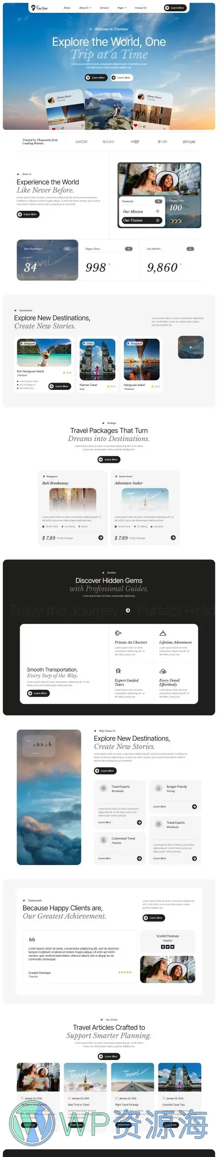 旅行社Elementor网站模板_一键导入快速建站插图1-WP资源海 户外/旅行 Elementor 模板首页预览