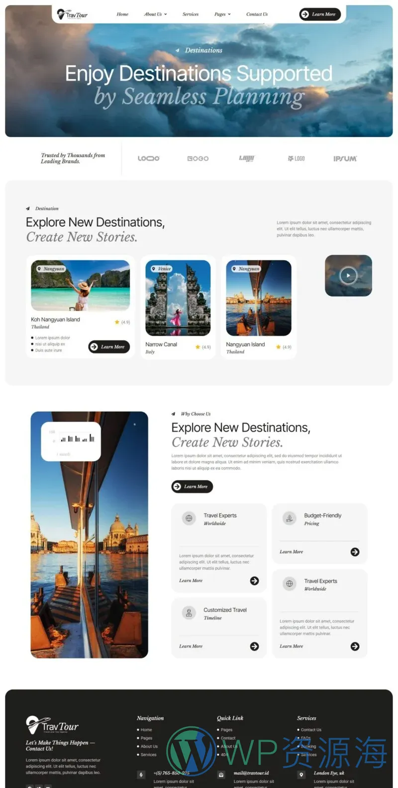 旅行社Elementor网站模板_一键导入快速建站插图5-WP资源海 户外/旅行 Elementor 模板目的地列表预览
