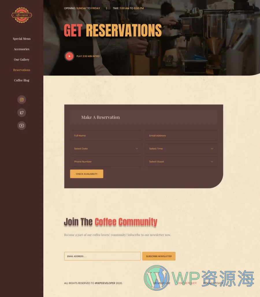 咖啡店Elementor网站模板_一键导入快速建站插图5-WP资源海 Coffee Express Reservation Page
