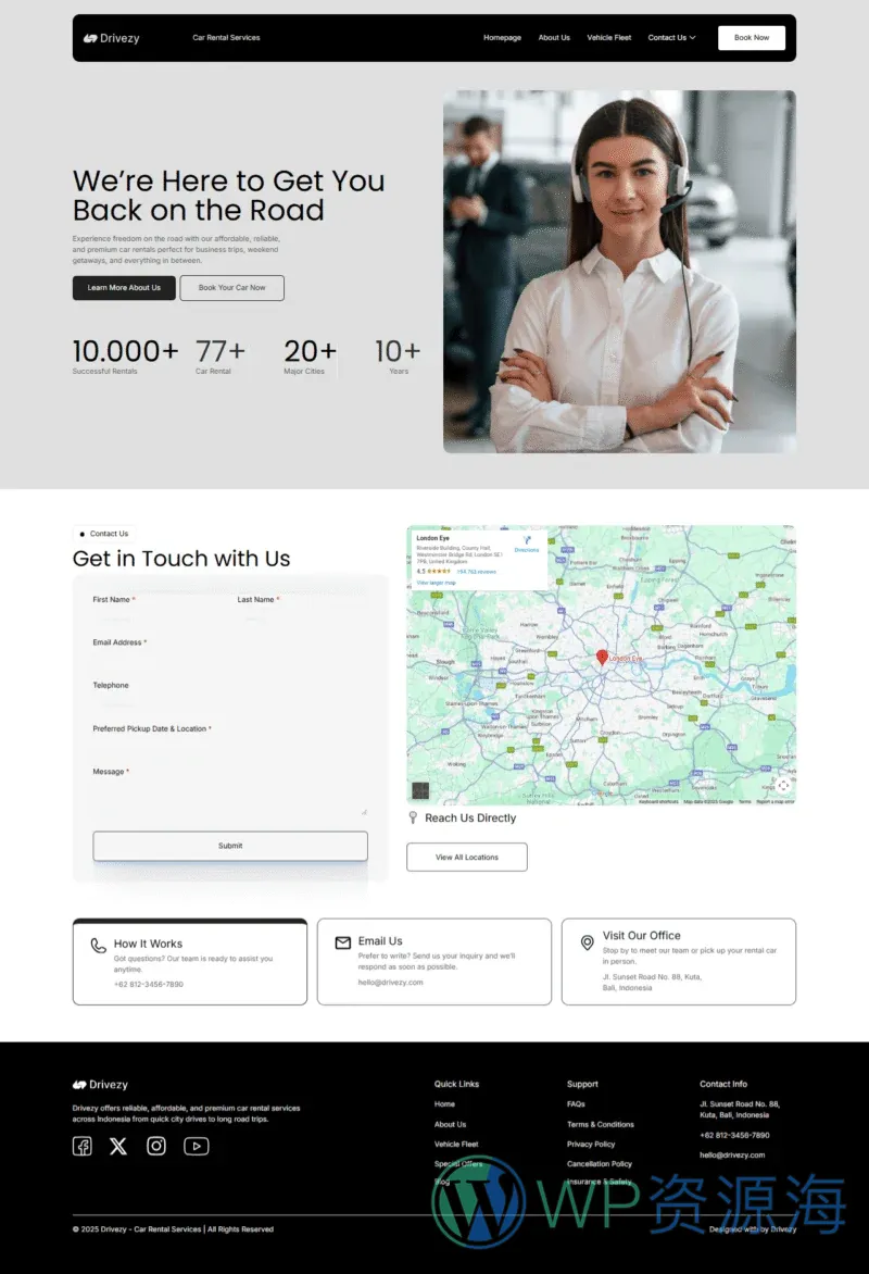 汽车租赁服务Elementor网站模板_一键导入快速建站插图1-WP资源海 交通工具 Elementor 模板联系页面预览