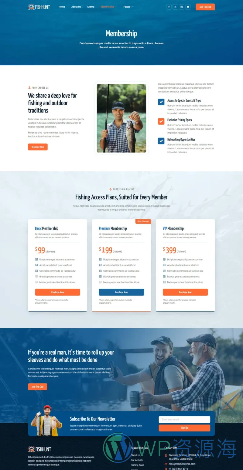 钓鱼狩猎俱乐部Elementor网站模板_一键导入快速建站插图4-WP资源海 户外/旅行 Elementor 模板会员页面预览