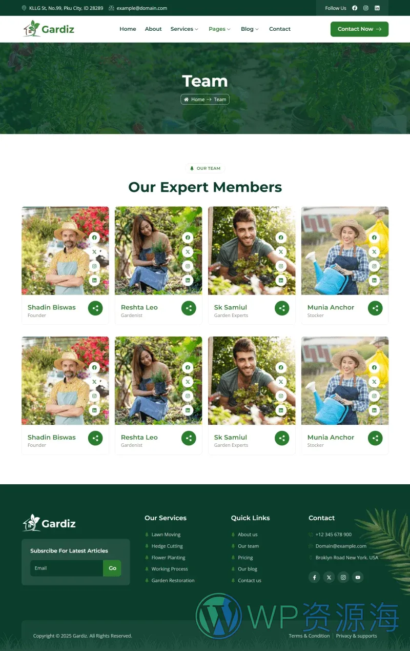 园艺景观Elementor网站模板_一键导入快速建站插图5-WP资源海 💐花卉/绿植 Elementor 模板团队页面预览
