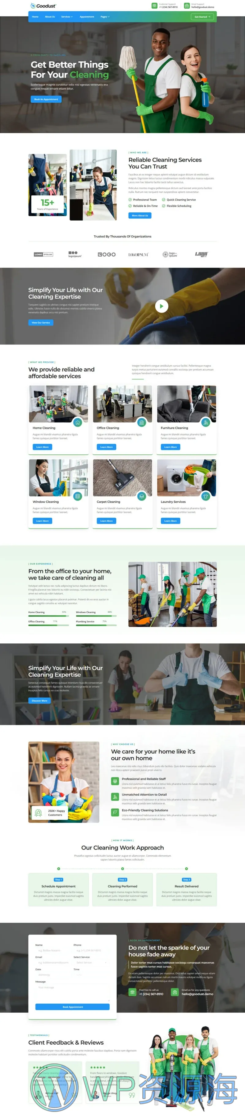 保洁服务公司Elementor网站模板_一键导入快速建站插图1-WP资源海 保洁 Elementor 模板首页预览