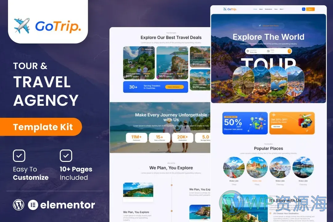 旅游线路Elementor网站模板_一键导入快速建站插图-WP资源海 户外/旅行 Elementor 网站模板封面