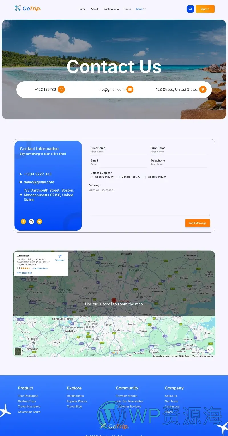 旅游线路Elementor网站模板_一键导入快速建站插图2-WP资源海 户外/旅行 Elementor 模板联系页面预览