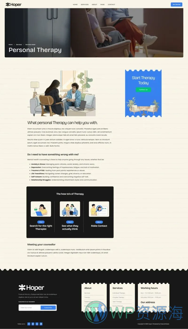 心理咨询师与心理健康机构Elementor网站模板_一键导入快速建站插图3-WP资源海 健康/医药 Elementor 模板服务详情预览