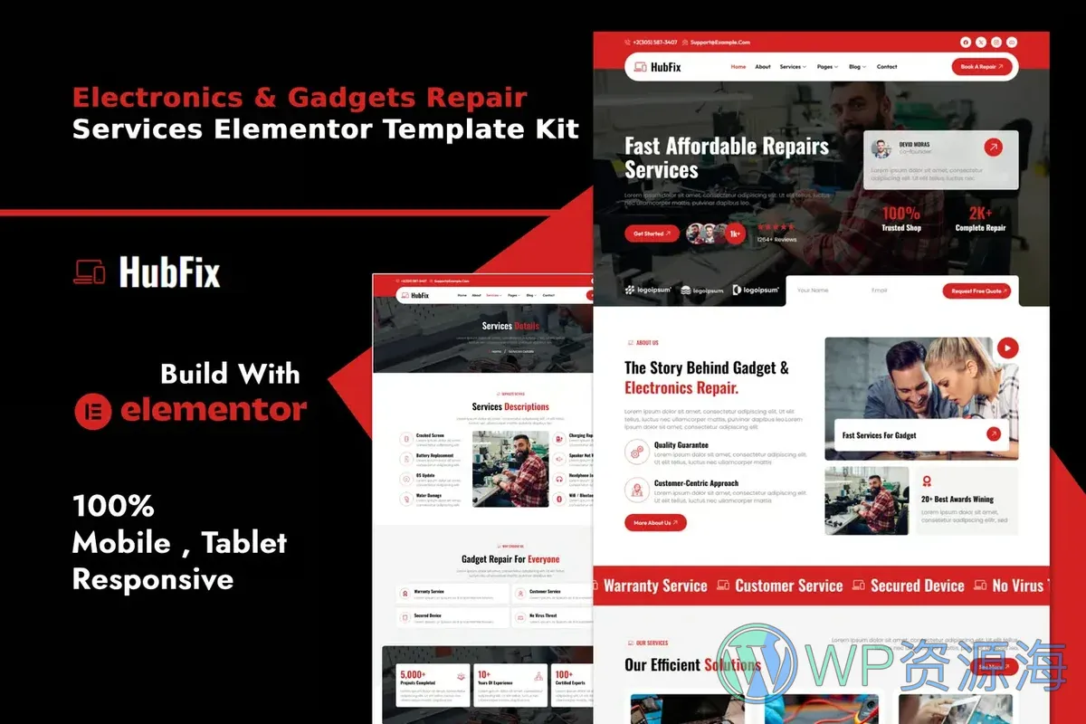 电子产品维修服务Elementor网站模板_一键导入快速建站插图-WP资源海 维修 Elementor 网站模板封面