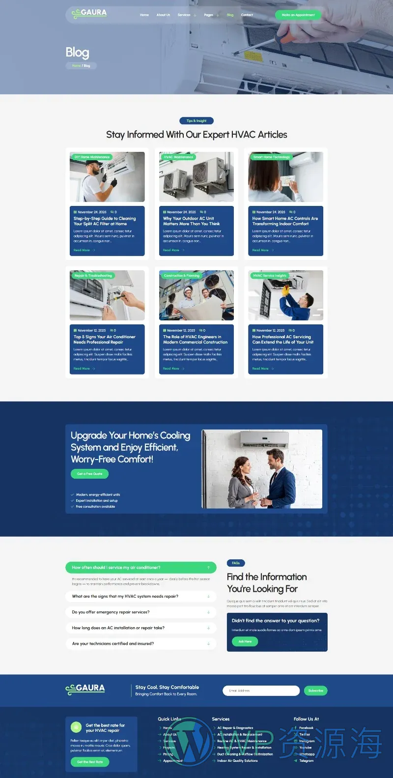 空调维修Elementor网站模板_一键导入快速建站插图2-WP资源海 维修 Elementor 模板博客页面预览