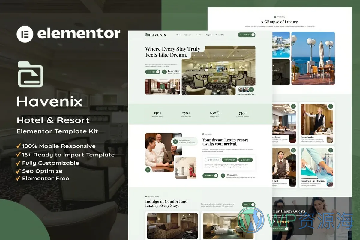 酒店与度假村Elementor网站模板_一键导入快速建站插图-WP资源海 旅馆/酒店 Elementor 网站模板封面