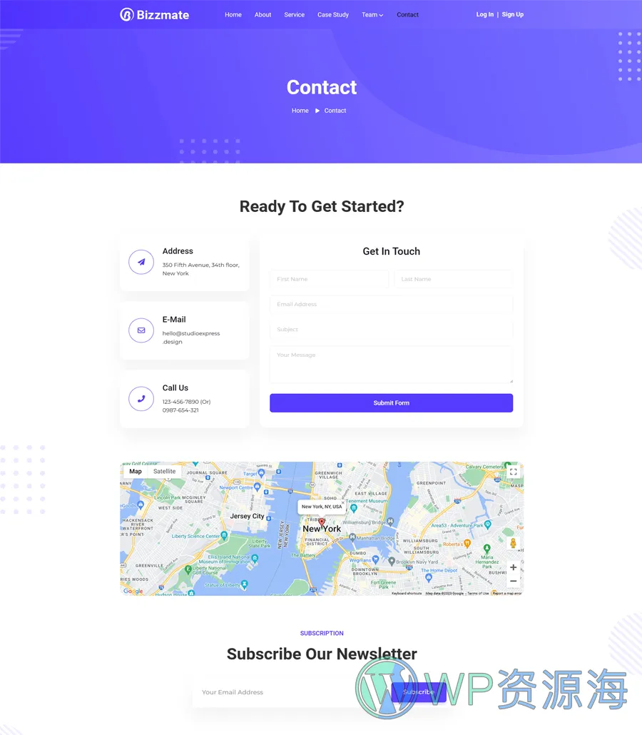 机构Gutenberg网站模板_一键导入快速建站插图4-WP资源海 Bizzmate Contact Page For Gutenberg