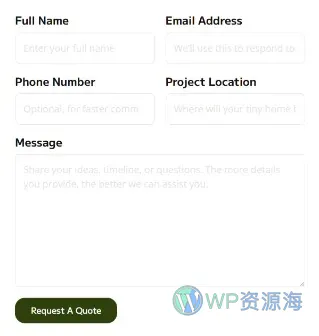 迷你住宅与乡村小屋Elementor网站模板_一键导入快速建站插图6-WP资源海 建筑/地产 Elementor 模板联系表单预览