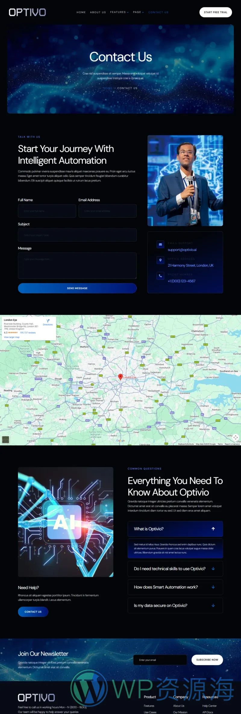 暗色 AI SaaSElementor网站模板_一键导入快速建站插图2-WP资源海 AI Elementor 模板联系页面预览
